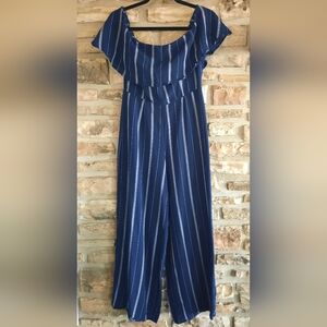 Linen Blend Stripe Blue & White Nautical On /Off Shoulder Jumpsuit Womens Sz Med